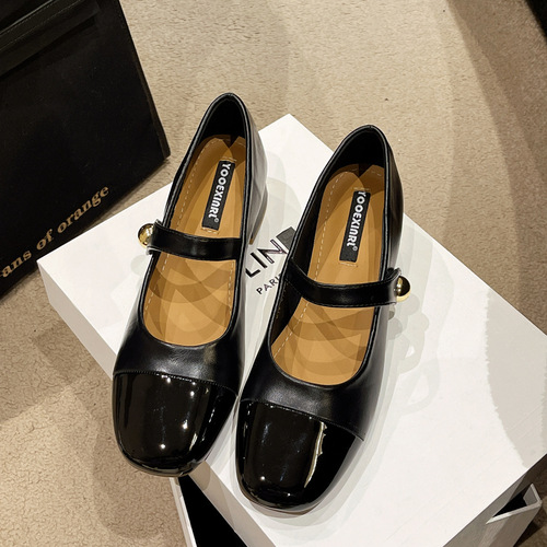 Xiaoxiangfeng shallow mid-heel single shoes for women  spring and autumn new style temperament Mary Jane shoes French thick heel small leather shoes