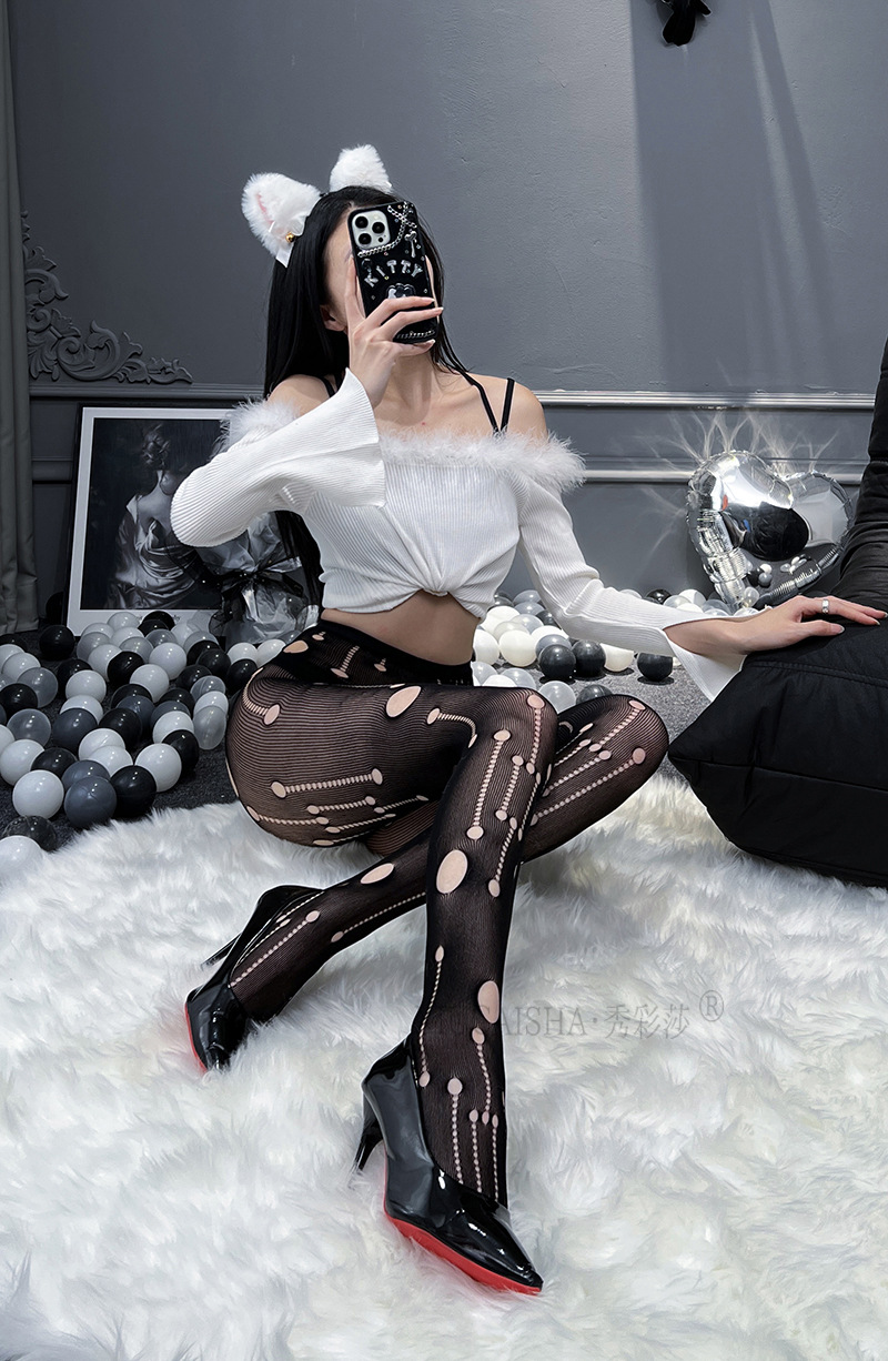 Open-Crotch Lace Stockings with Fake Suspenders, One-Piece Sheer Black Hosiery — detail image 5