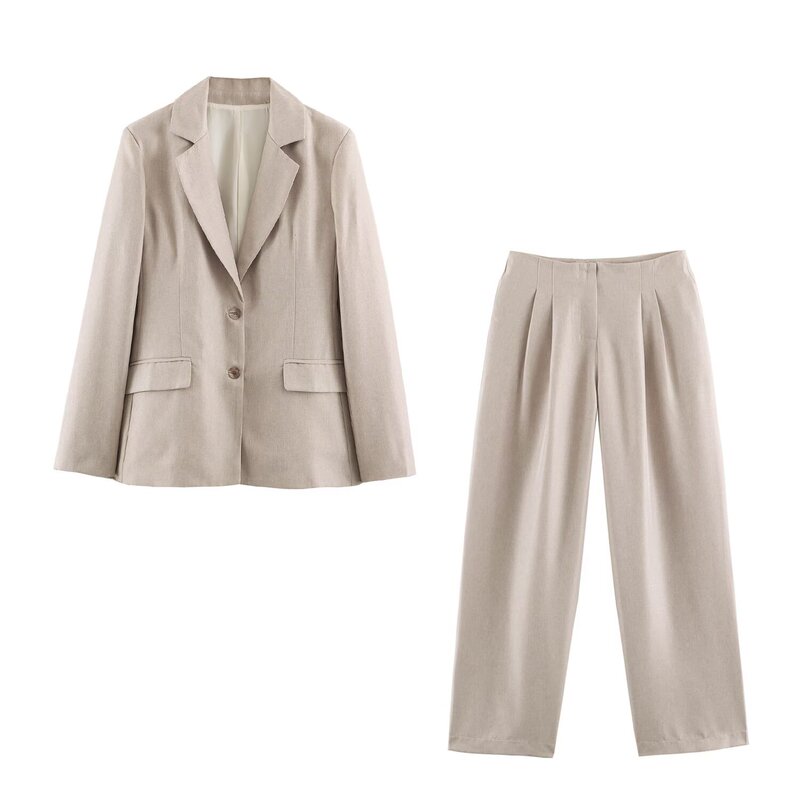 European and American wholesale 2026 autumn new women's linen blend blazer + pleated straight pants K2-15674 European and American wholesale 2026 autumn new women's linen blend blazer + pleated straight pants K2-15674