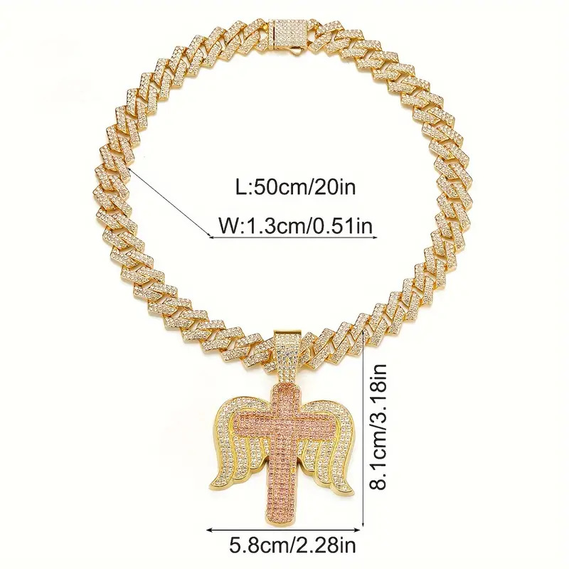 135g Weight Alloy Pendant Material Rhinestones Inlay Material Pendant Necklace Classification New Rhinestone Personality Diamond Stud Angel Wings Cross Pendant Hip Hop Creative Necklace