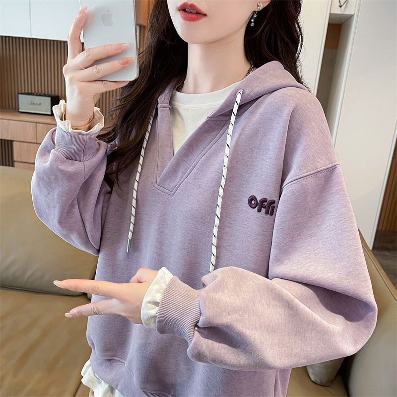 Fake Two-Piece Hooded Embroidered Sweatshirt for Women Spring & Fall 2025 New Design Niche Unique Beautiful Age-Reducing Top