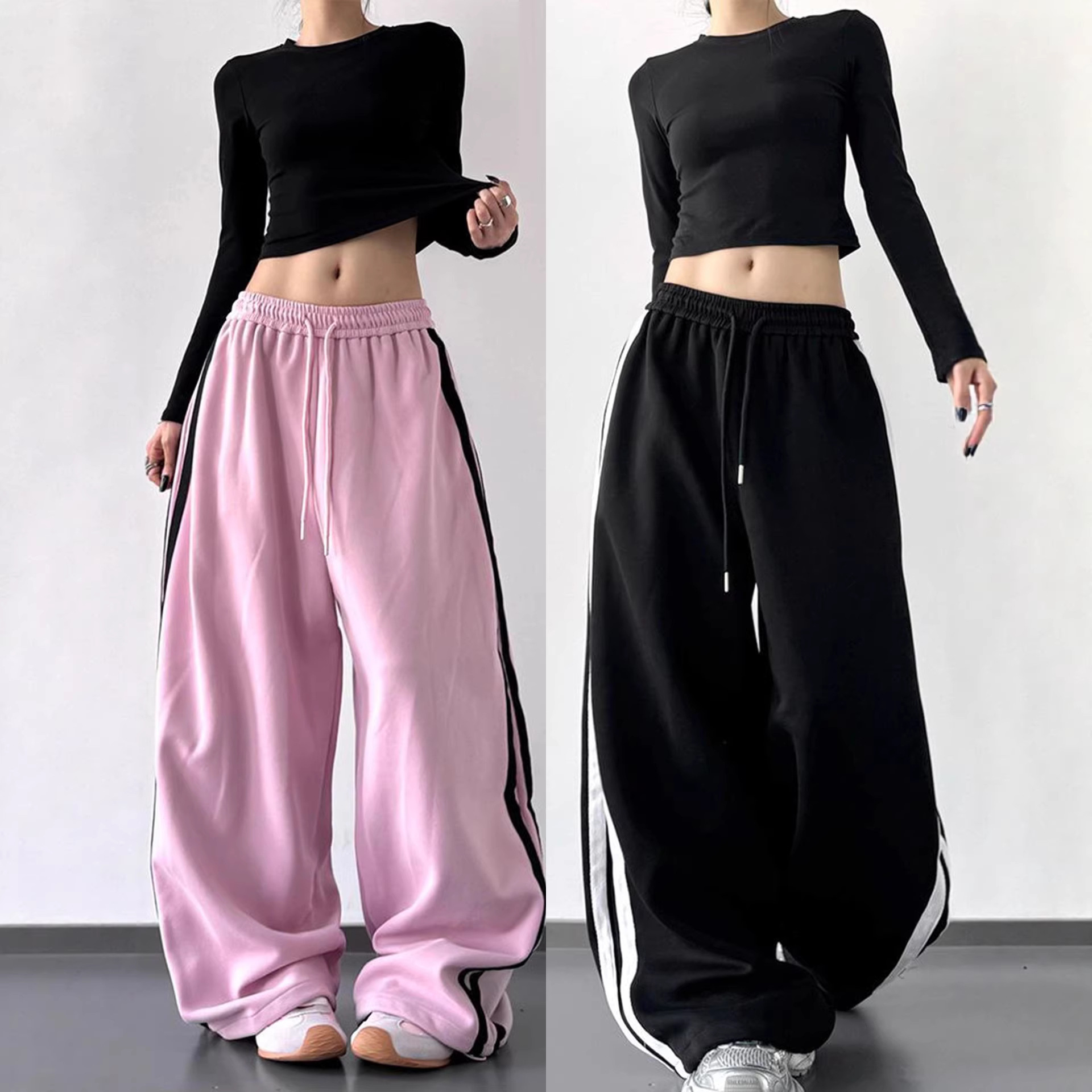 美式高腰粉色运动裤女2025秋冬新款宽松爵士舞显瘦条纹阔腿休闲裤