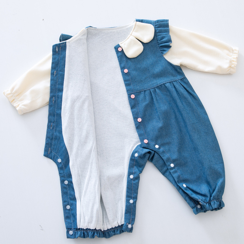 Estilo occidental bebé niña primavera y otoño mono recién nacido doble capa Denim mameluco 0-1 años de edad dulce lindo moda lindo mameluco