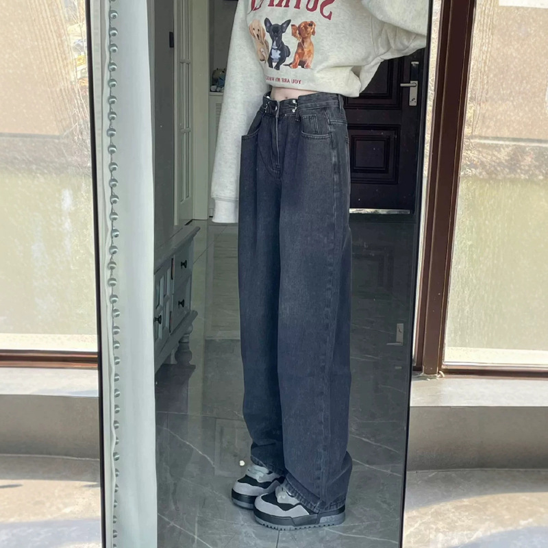 Simple Style American-Style Black Straight-Leg Jeans for Women, Retro Casual Loose Wide-Leg Pants, Floor-Length Trousers Simple Style American-Style Black Straight-Leg Jeans for Women, Retro Casual Loose Wide-Leg Pants, Floor-Length Trousers