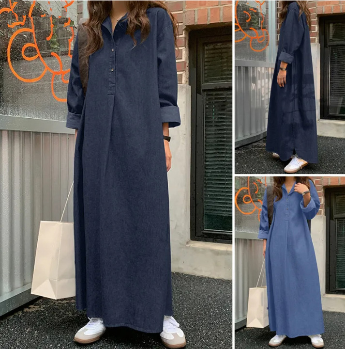 2026 New In-Stock Spring Style Denim Solid Color Elegant Commuting Bohemian Loose Plus-Size Long Dress