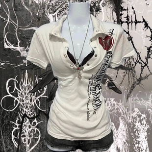 ӡ�����I��������ŮPrinted collar short sleeved top for women