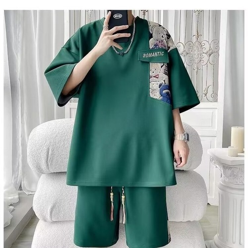 National Trend Honeycomb Bear Set for Men - Summer Streetwear Two-Piece Pajama Set Loose Casual Large Size Short-Sleeve Five-Finger Pants