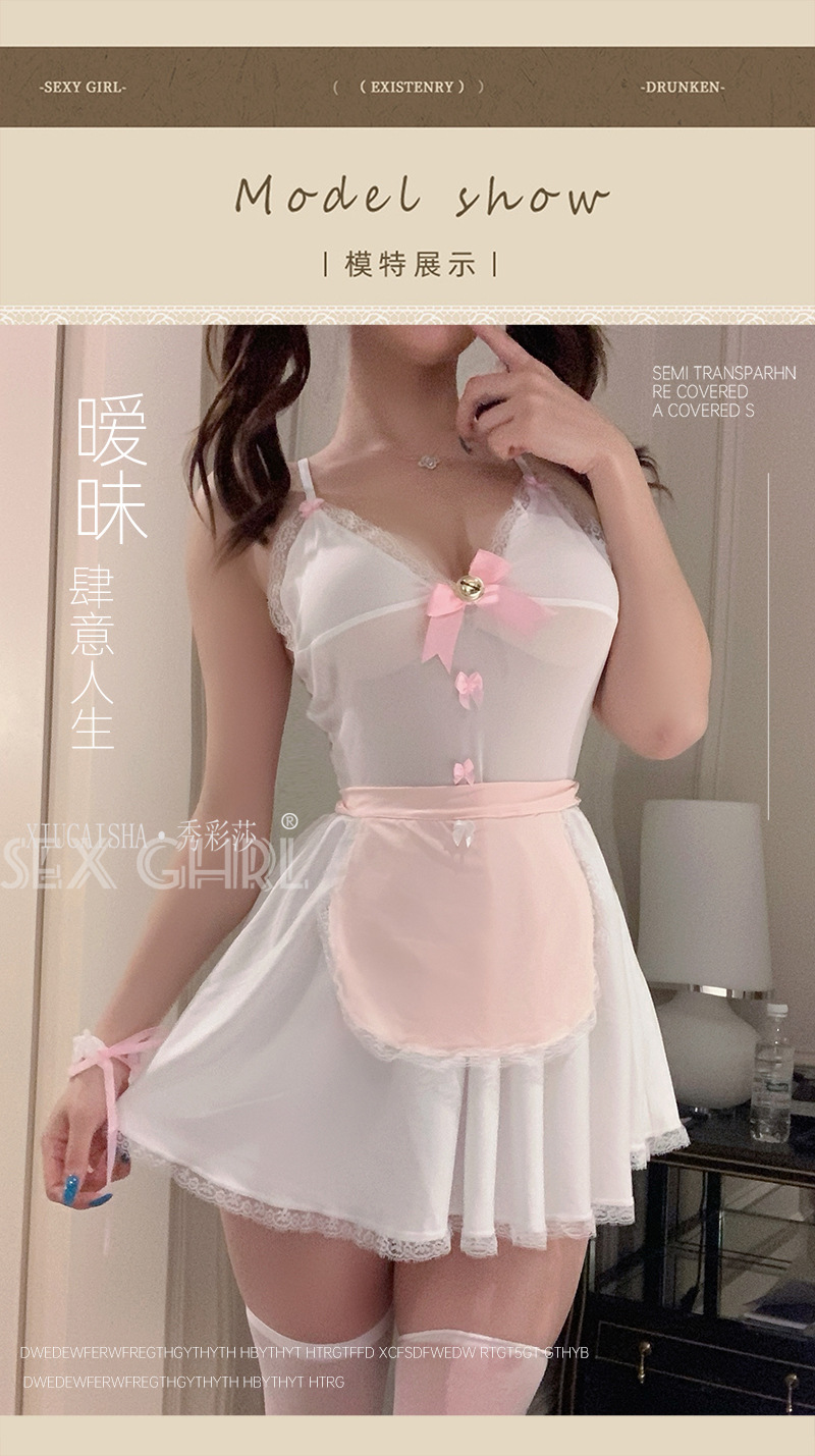 Kitten Maid Roleplay Lingerie Set with Apron, Thong, Cuffs and Open-crotch Stockings — detail image 10