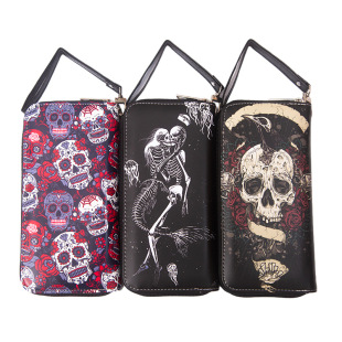 Cross-border wallet for boys and girls vintage skull wallet long zipper printed wallet to figure D system