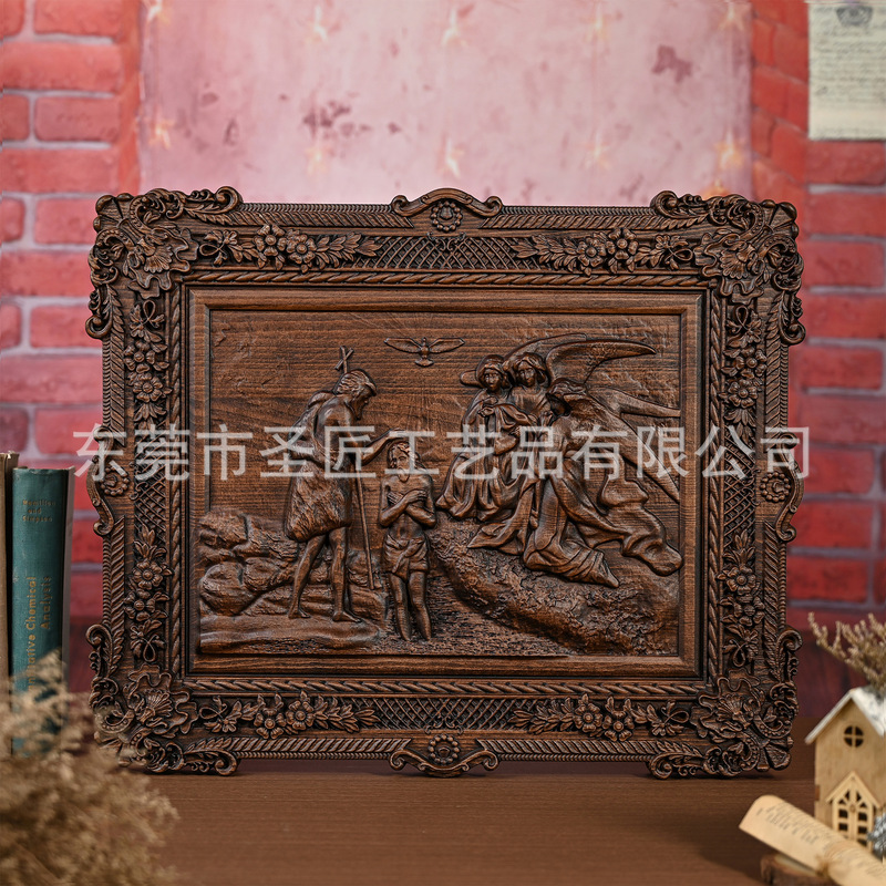 Wholesale Solid Wood Carving Ornaments Gift Decorative Painting Living Room Photo Frame Picture Frame Vintage European Style Relief Painting Jesus Baptism
