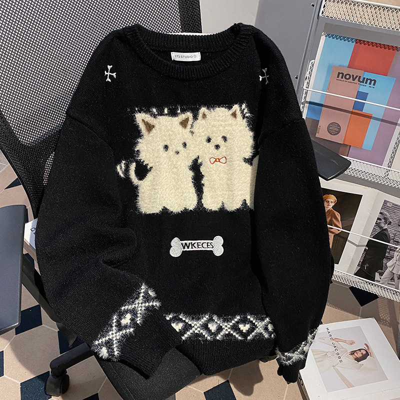 Winter Base Knit Sweater with Fleece Lining, Thickened Half-Side Fleece Sweater for Women, Can Be Worn Outside, Loose Fit, Popular Cat Style Loungewear Winter Base Knit Sweater with Fleece Lining, Thickened Half-Side Fleece Sweater for Women, Can Be Worn Outside, Loose Fit, Popular Cat Style Loungewear