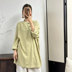 复古斜襟盘扣亚麻上衣女2025新款新中式国风禅意茶服纯色长袖衬衫