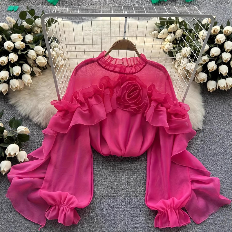 2026 European and American Women's Clothing Irregular Floral Shirt Round Neck Ruffled Long Puff Sleeve Shirt Fashion Pullover 2026 European and American Women's Clothing Irregular Floral Shirt Round Neck Ruffled Long Puff Sleeve Shirt Fashion Pullover