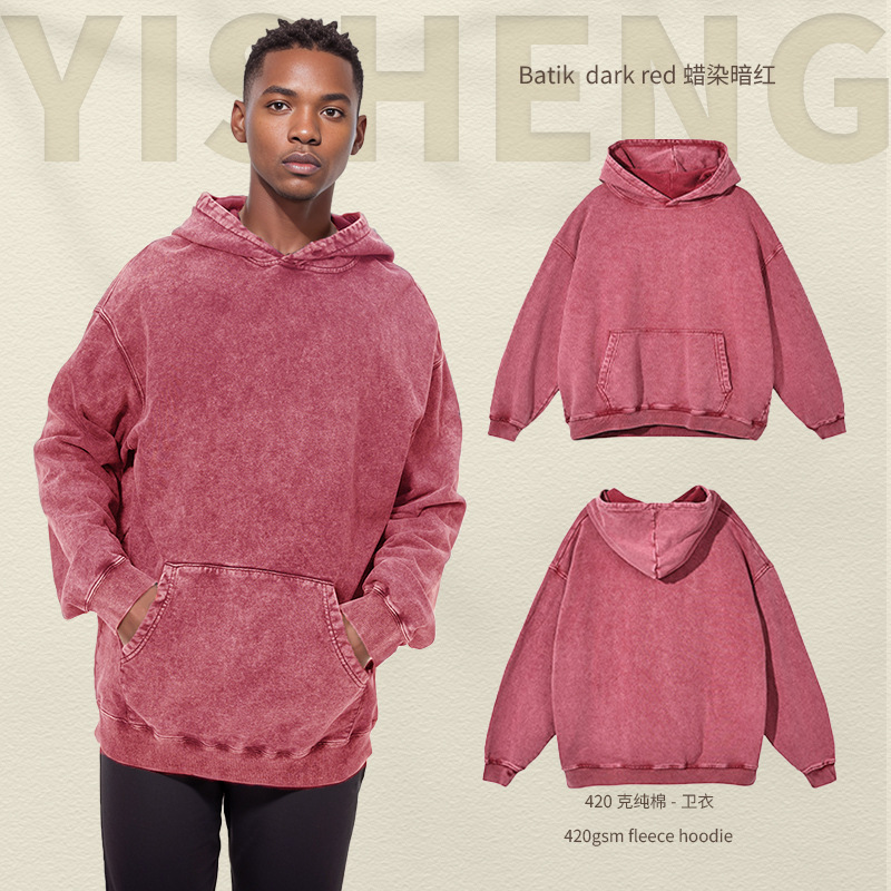 Sudadera Vintage de Algodón Puro Lavado, Estilo Retro Casual, Teñido con Cera de Copo de Nieve, Ropa para Hombre