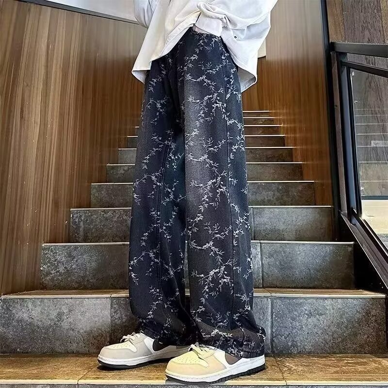 Primavera americana retro lavado con agua gradiente jacquard jeans hombre estilo de diseño americano delgado pantalones rectos