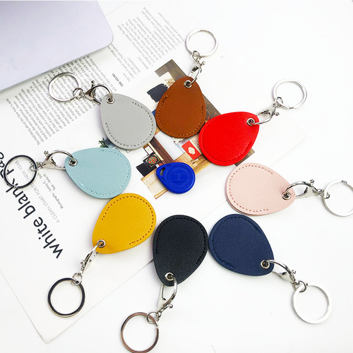 Leather water drop small keychain card holder protective case square elevator card holder Instagram community access card holder