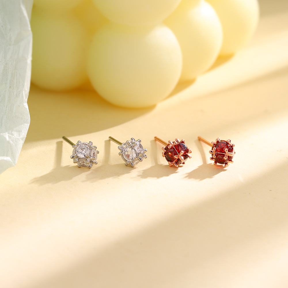 国潮红色锆石耳环立体魔方几何方块耳骨钉精致感小圆球孔明锁耳钉