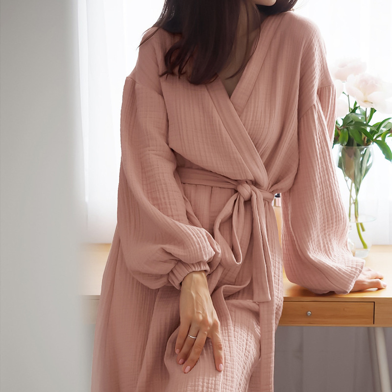 2026 European and American Cross-Border Pure Cotton Pajamas for Women, Summer Long-Sleeved Breathable Nightgown, Double-Layer Gauze Cotton Women's Home Wear