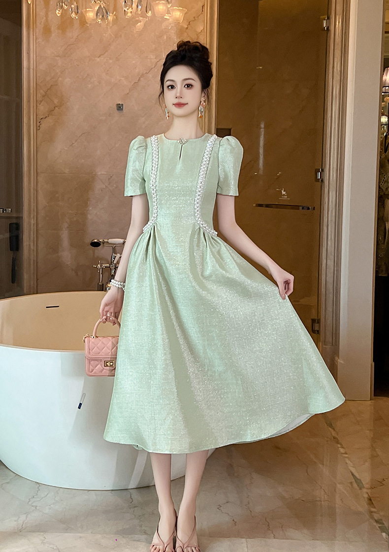 Đầm maxi nữ cổ tròn đính đá thắt eo xòe dáng dài — Xanh bạc hà chi tiết 8