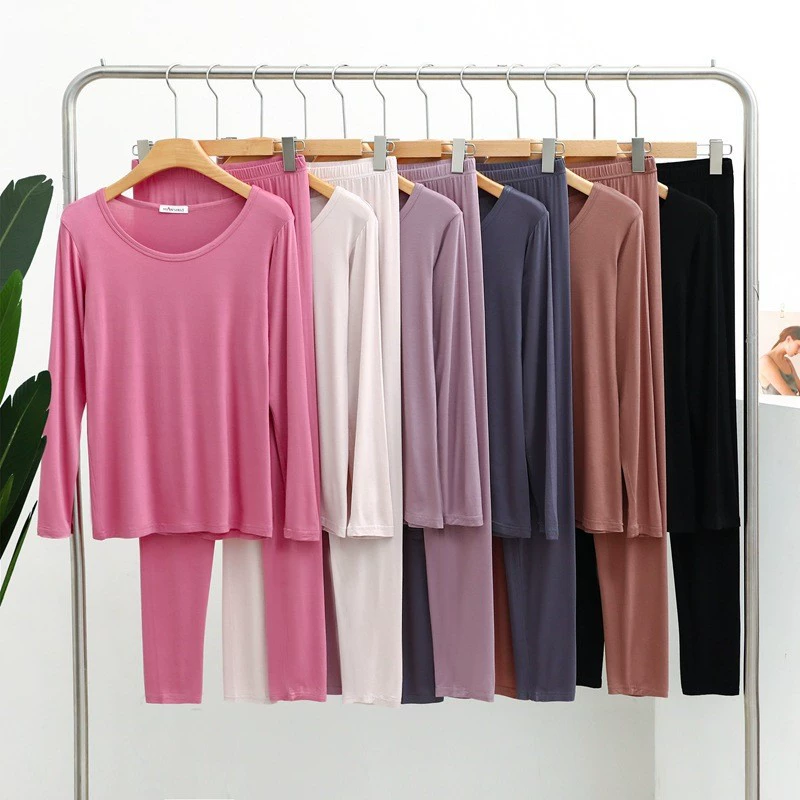 Модальный костюм 2023 Лето-осенний Новый круглый вырез с длинными рукавами плюс толстый женский Базовый костюм тонкая домашняя одежда