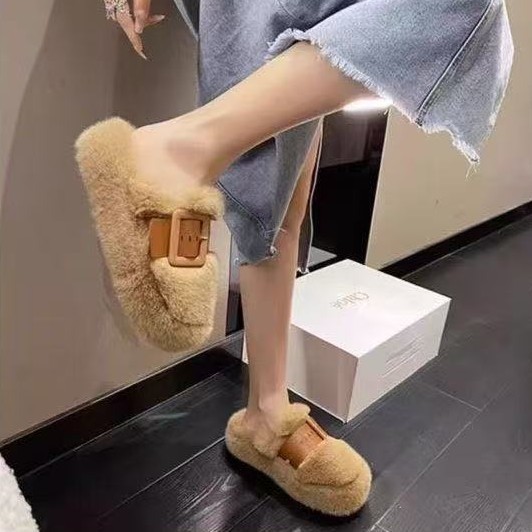 厚底勃肯鞋女毛毛鞋2025秋冬新款加绒女鞋子日系复古包头半拖|undefined