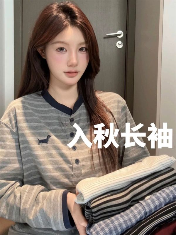 美式亨利领条纹长袖T恤女2025秋新款小个子宽松慵懒感复古上衣|undefined