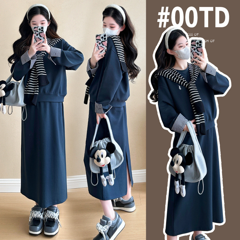 現物2024秋妊婦セットファッション妊婦丸襟上着ひも無托腹妊婦半スカートとマント|undefined