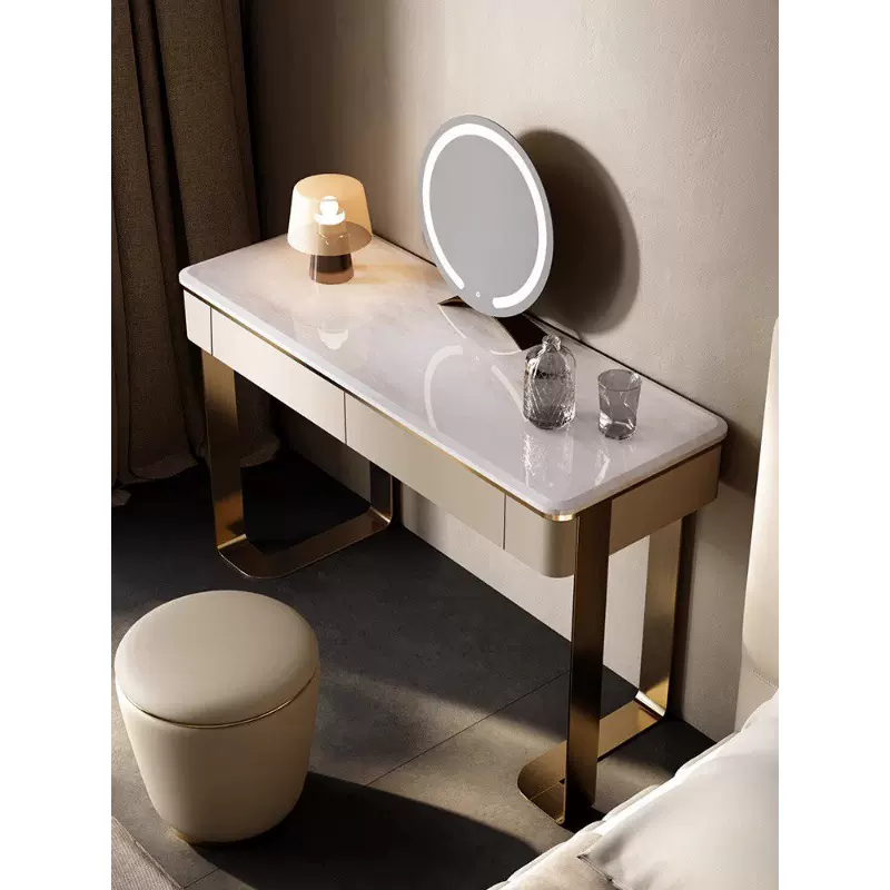 轻奢极简化妆桌卧室烤漆梳妆台凳不锈钢简约小户型大理石化妆镜