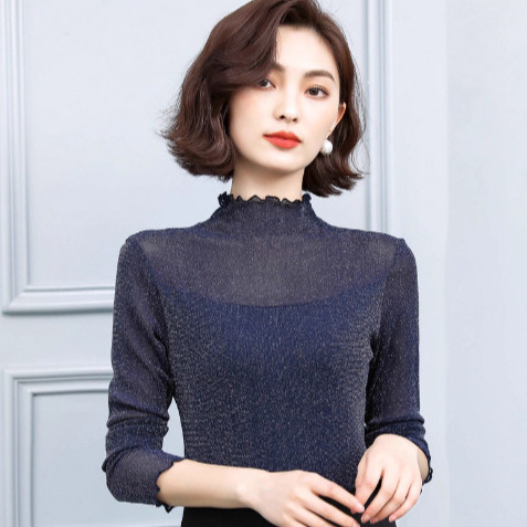 2025 New Autumn Clothing High Collar Bright Silk Mesh Bottoming Shirt Women's Long-Sleeved T-Shirt with Lace Top Slim Shirt