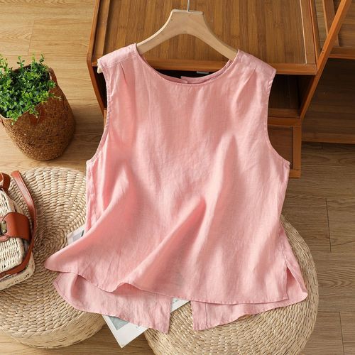 Cotton and linen simple style sleeveless women's summer V-neck top with single button, two-way design, suitable for wearing casually.
