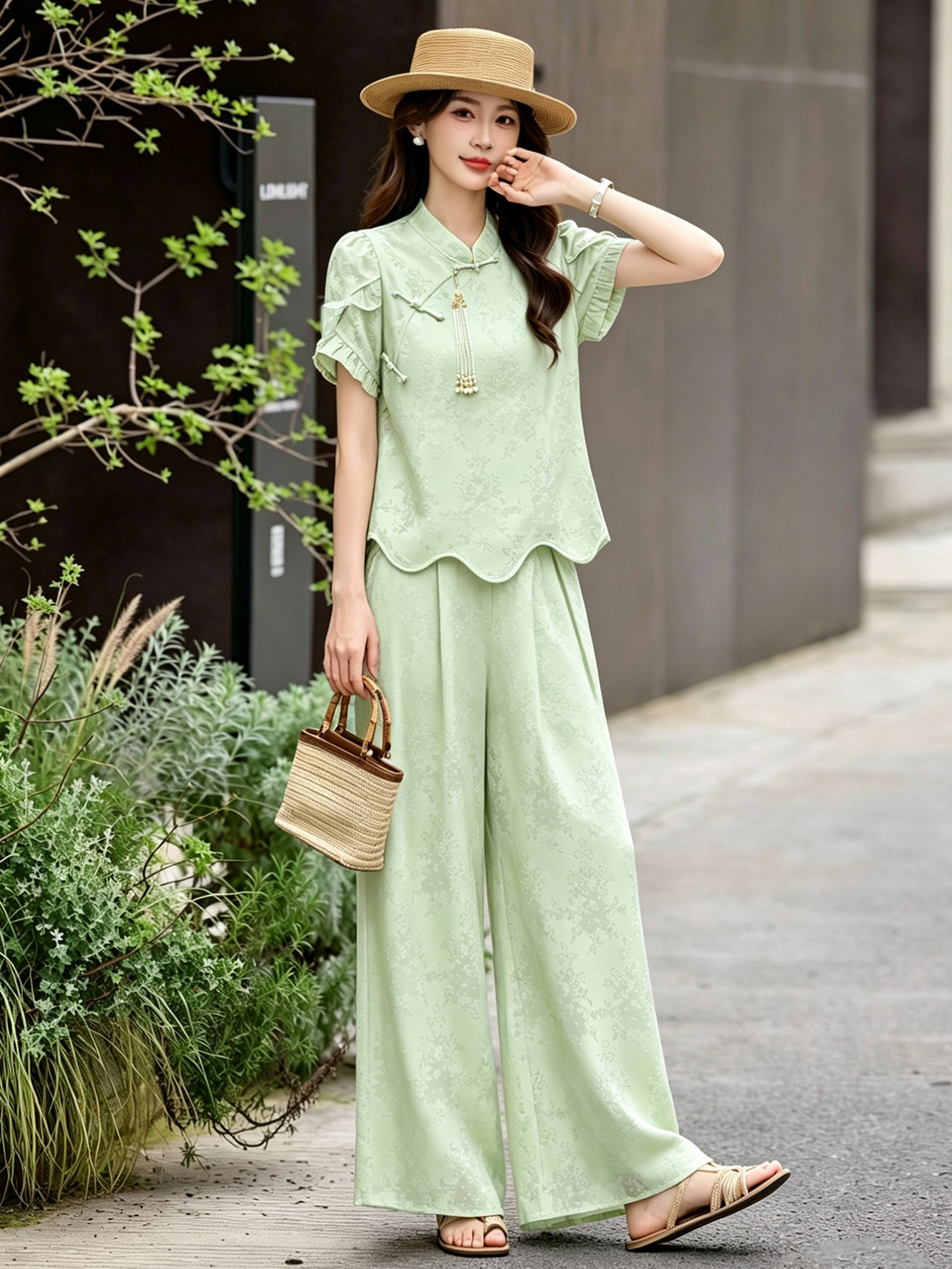 Bộ áo sơ mi họa tiết jacquard kết hợp quần ống rộng cạp thun hai mảnh thời trang — Vàng kem, xanh lá cây