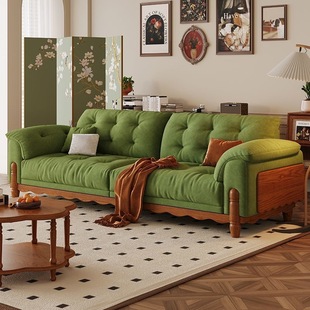 French Retro Solid Wood Sofa Oil Wax Leather Fabric Light Luxury Straight Row Living Room Large and Small Villa Mid-Century Style Sofa