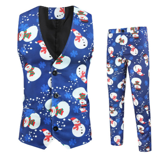 New Foreign Trade Men's Casual Three-Piece Suit Christmas Print Suit European Size Halloween Dress Suit