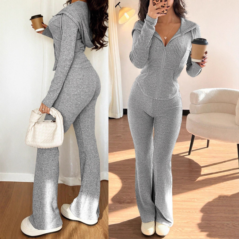 2026 European and American Cross-Border Export Women's Slim Autumn and Winter Casual Zipper Tops and Pants Comfortable Suits