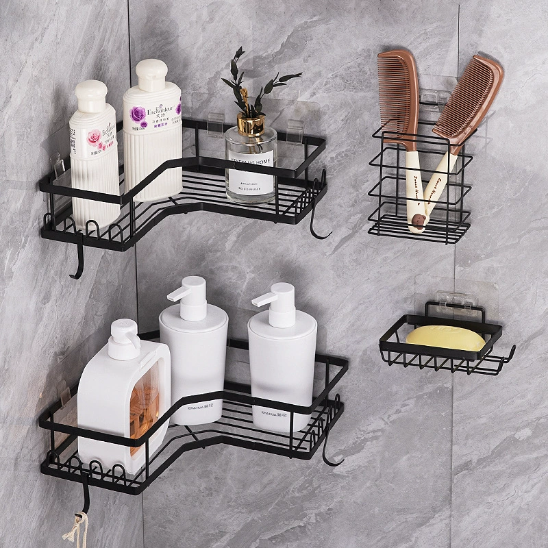 Corner bathroom shelf rack, no‑drill adhesive wall mount, L‑shaped corner storage, assorted sets