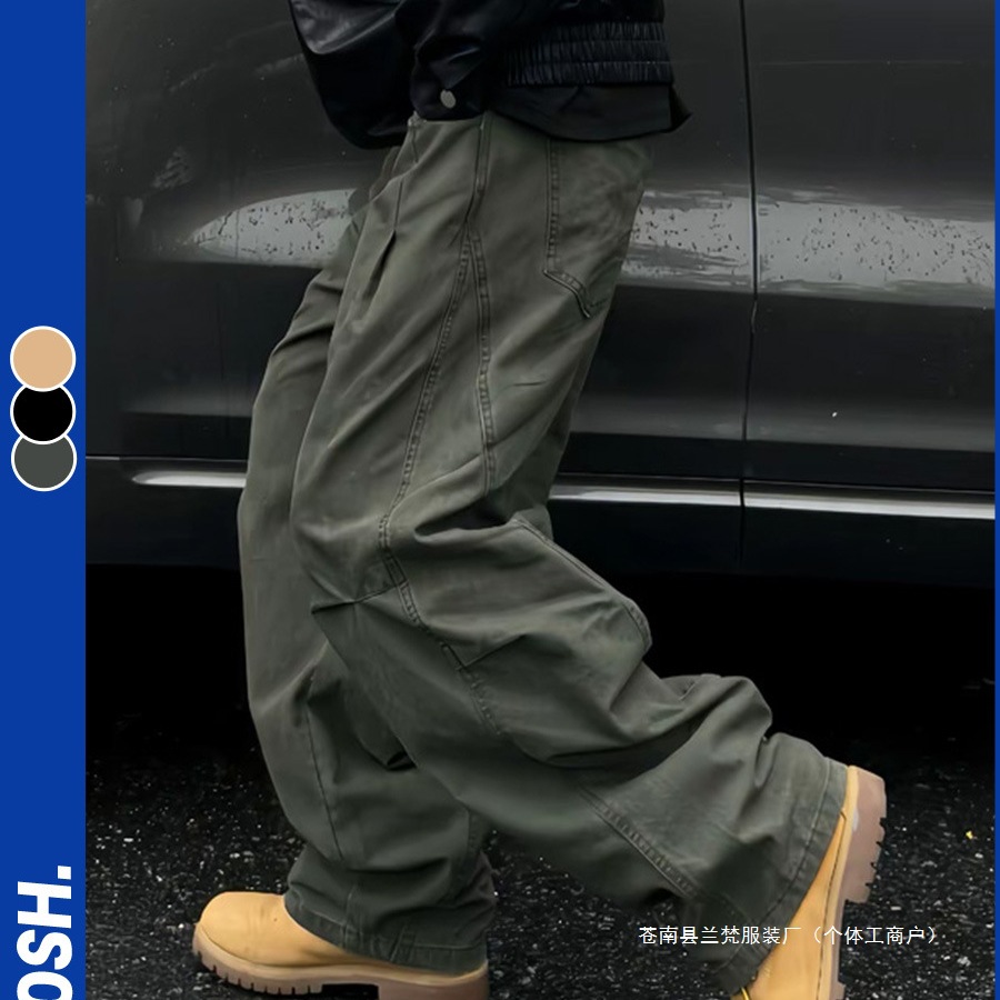 Autumn Men's Washed Casual Cotton Versatile Cargo Straight-Leg Pants with Elastic Waistband Trendy