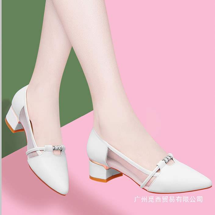Genuine Soft Leather Women's Shoes with Chunky Heels, Spring and Autumn 2025 New Style, Shallow Patent Leather Pointed Toe Versatile Mid-Heel Small Leather Shoes with Mesh