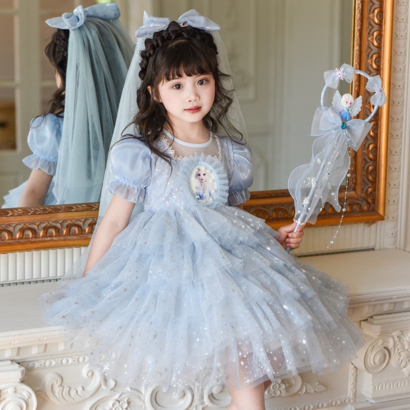 Girls' Elsa Princess Dress Frozen Mesh Dress Cake Dress Tutu Skirt with Veil Short Sleeves