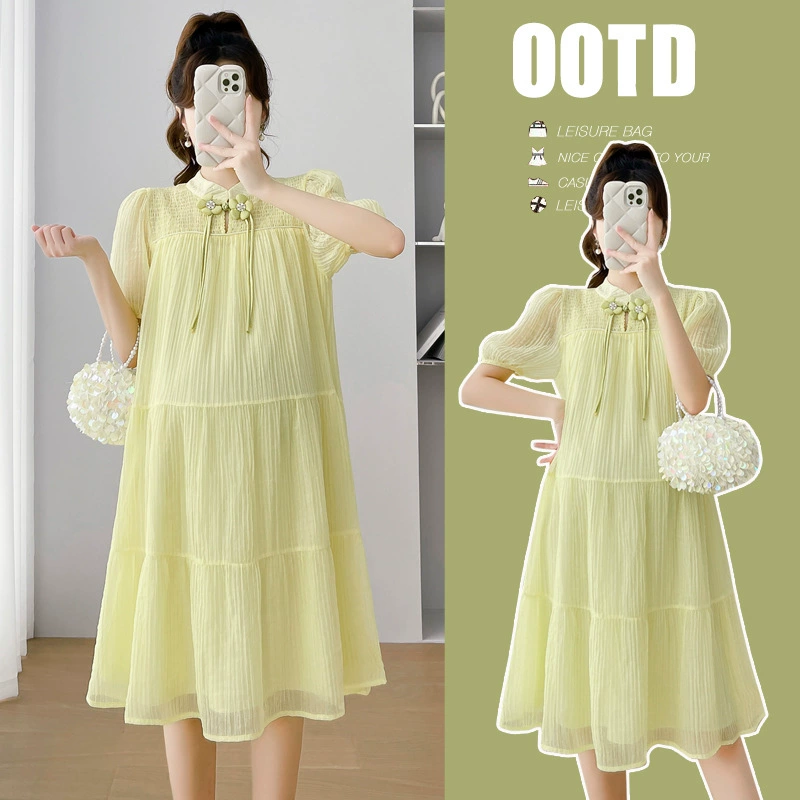 Реальный летний новый китайский стиль с пряжкой Tsian Bubble рукава Сладкая версия платья для беременных