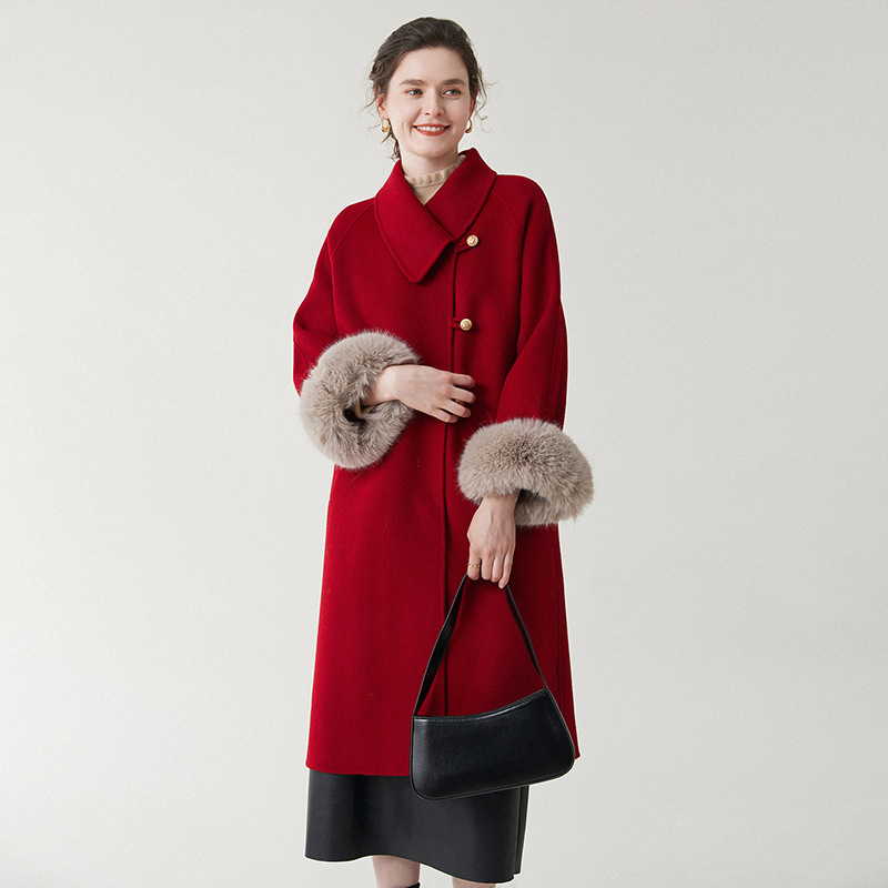 Double-Sided Wool Red Coat for Women, Wedding Dress, Mid-Length, New Autumn Style, Versatile, Fox Fur Cuffs, Woolen Coat