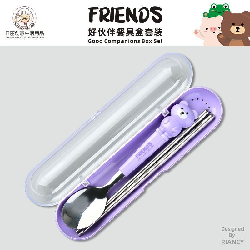 Animal encantador portátil para llevar estudiantes cucharas de comidas dormitorios escolares cucharas de cubierta de cubierta set