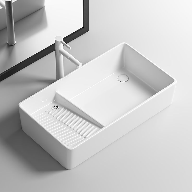 Laundry Tub with Washboard on the Countertop, Ceramic Washbasin with Side Drainage for Home Washing Machine, Left and Right Side Drainage, Balcony Basin
