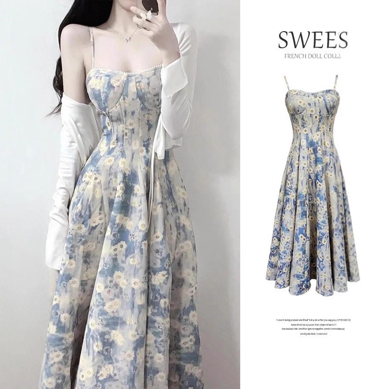 Tea Break French Pure Desire Blue Oil Painting Dress Women's Summer New Fairy Floral Waist Suspender Mid-Length Skirt