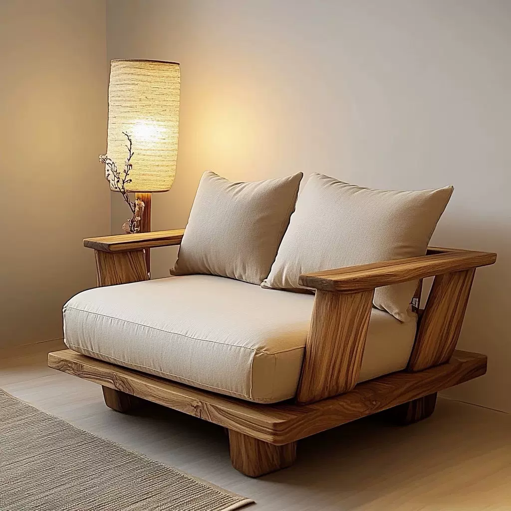 侘寂风老榆木沙发椅单人靠背沙发实木客厅软包沙发家具禅意靠背椅