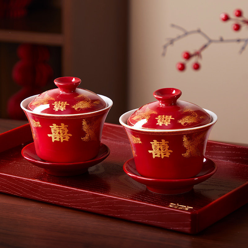 Dili Wedding Dragon and Phoenix Tea Cup Set, Wedding Bride's Dowry Supplies, Chinese Style Bowls, Chopsticks, and Spoons