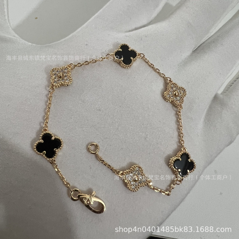高版本迷你小号瘦花四叶草手链mini六花天然红玉髓黑玛瑙厚金电镀|undefined