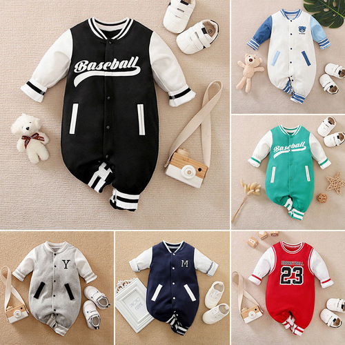Baby boy Spring and Autumn clothes, infant one-piece baseball crawling suit, stylish long-sleeved T-shirt, INS new arrival, cotton, cross-border trade