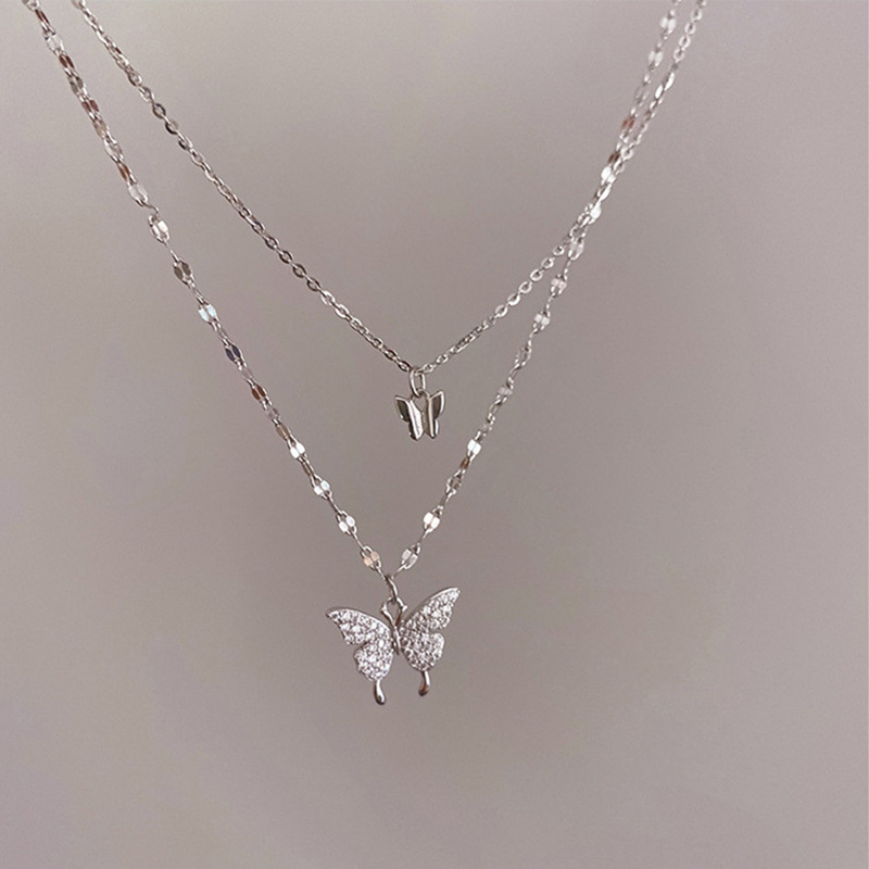 Double Layer Butterfly Pendant Necklace With Diamonds For Women_voghion.com