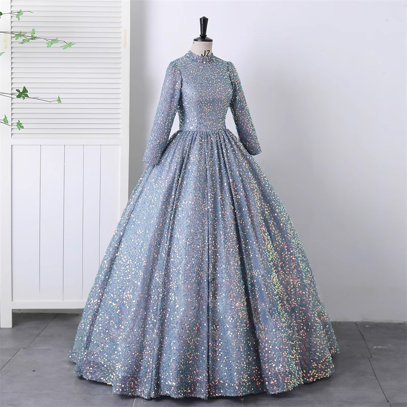 Vestido de noche de cuello alto con lentejuelas de las mujeres de lujo de alto grado etapa traje en solitario Examen de arte vocal Reunión Anual pettiskirt