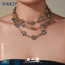 谜丽拼色不锈钢空心猪鼻子项链PVD镀18k金时尚百搭锁骨链跨境专供